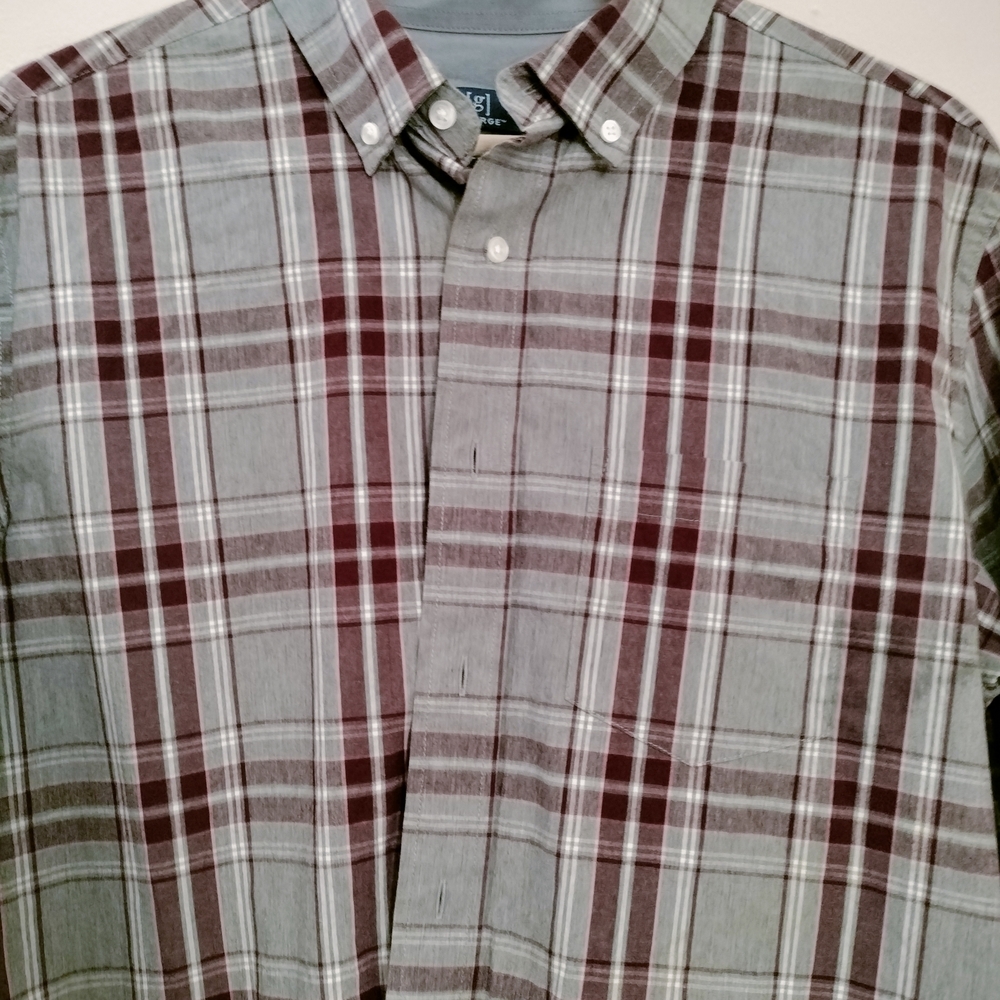 George Men's Burgundy and Gray Plaid Shirt
